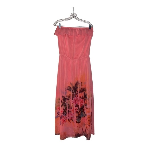 L8ter Floral Strapless Ruffle Maxi‎ Dress Boho Hippie Tropical Size L Resortwear - Picture 1 of 8